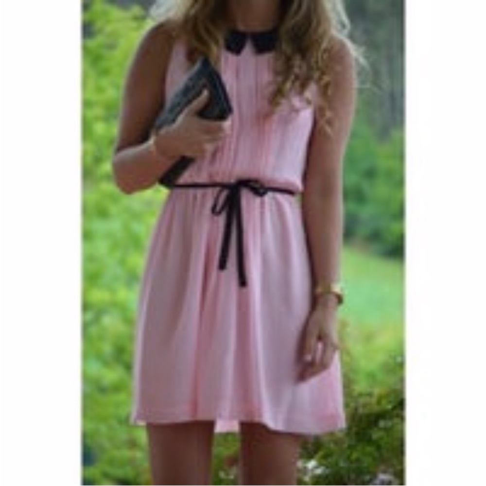 Zara Pink Pleated Black Collared Mini Dress